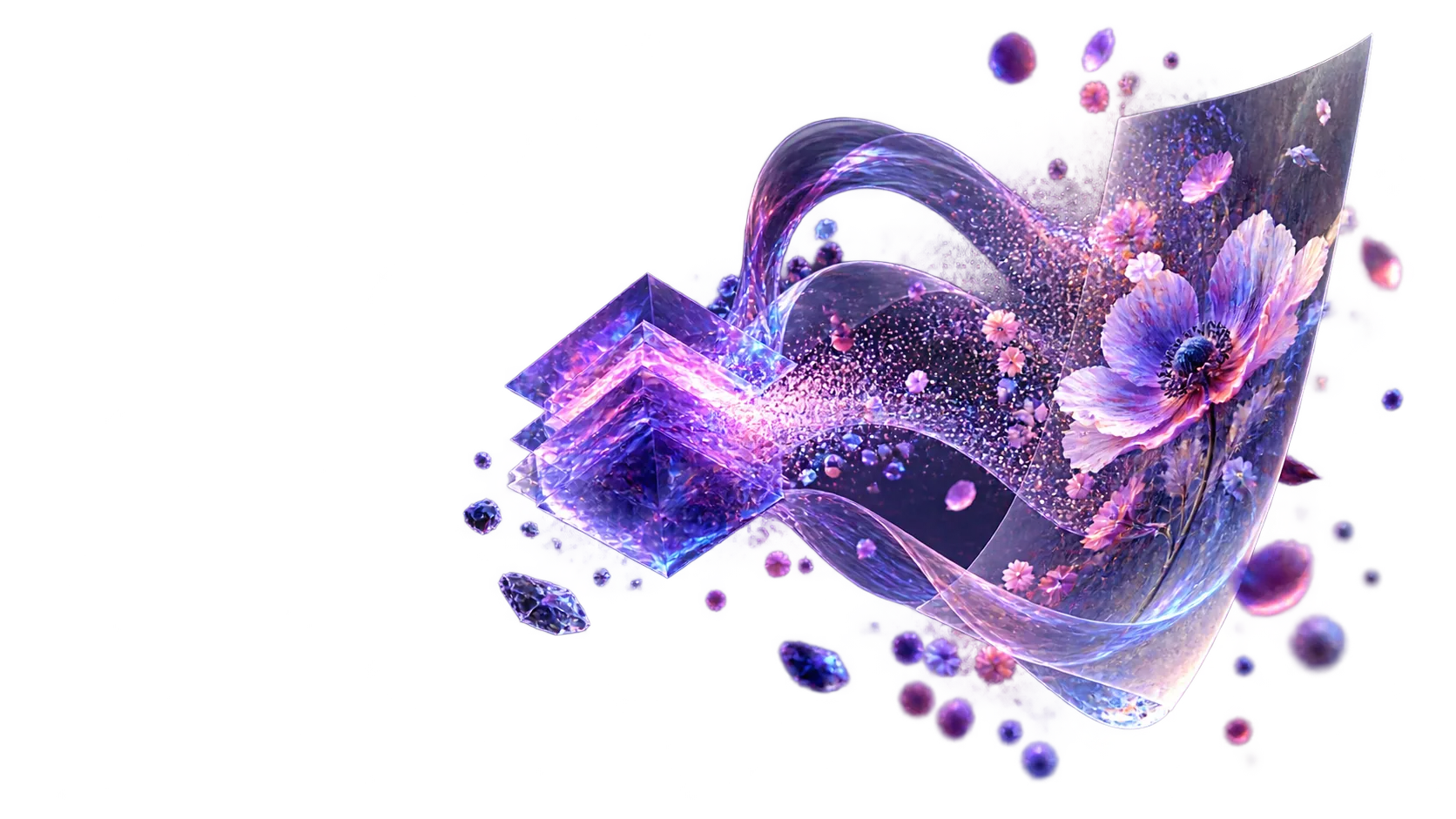An abstract glass model core transforming into a finished botanical image.