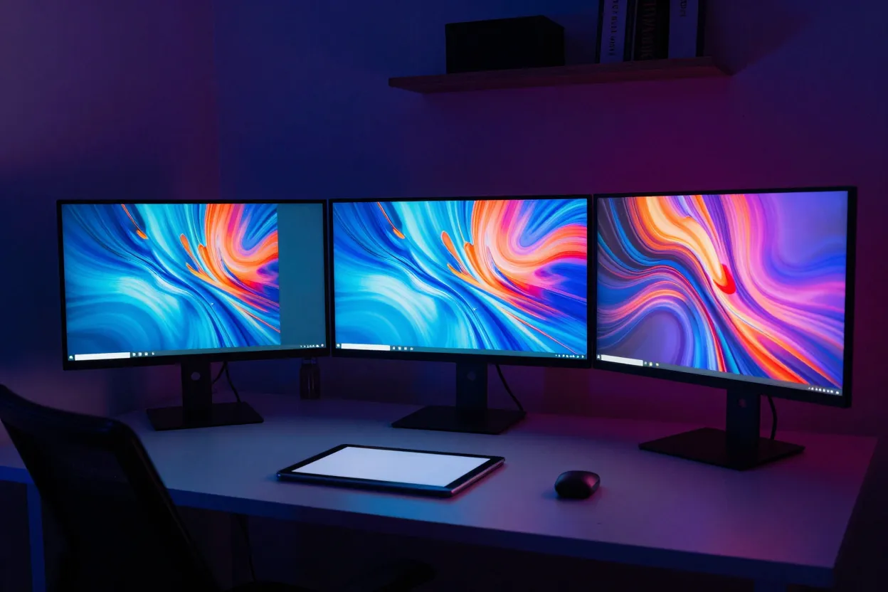 A dark studio workspace with monitors showing generated artwork.