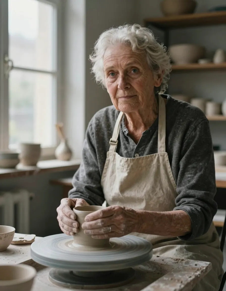 An elderly ceramicist at her wheel in north window light.
