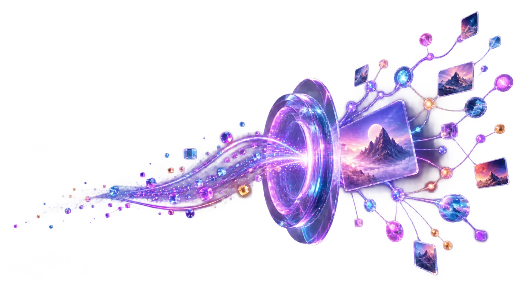 A glass gateway branching into image-generation outputs, representing Paintune's developer API.