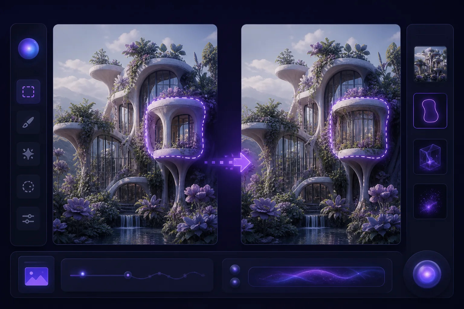 A before-and-after image editing workspace showing a precisely changed region while the wider composition is retained.