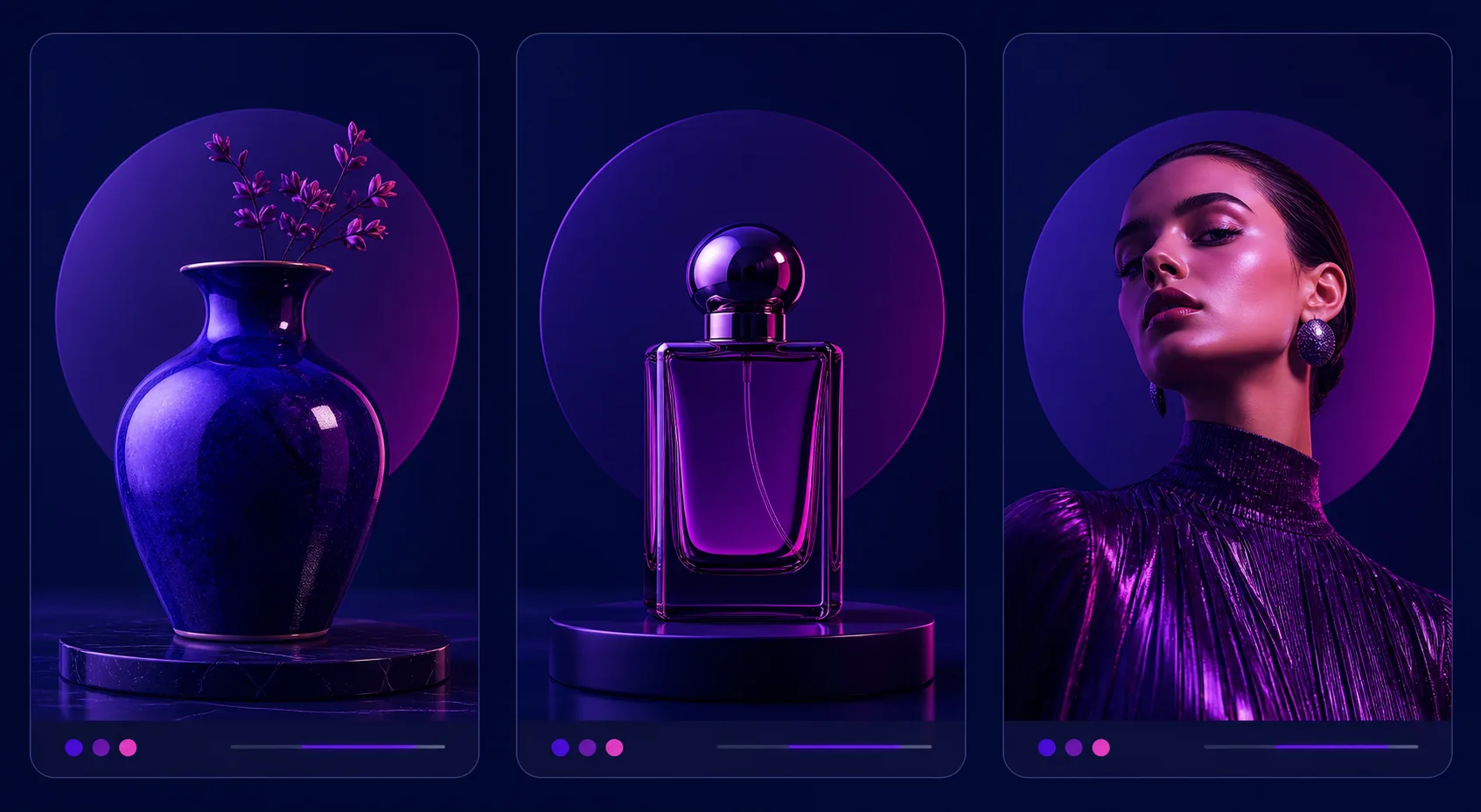 Three coordinated campaign images sharing the same controlled navy, violet and magenta art direction.