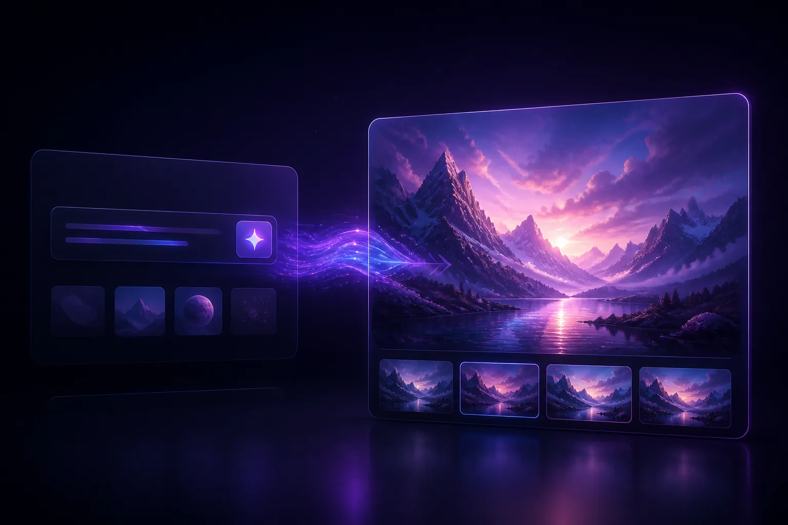 A luminous AI image-generation workspace turning a prompt into a finished landscape.