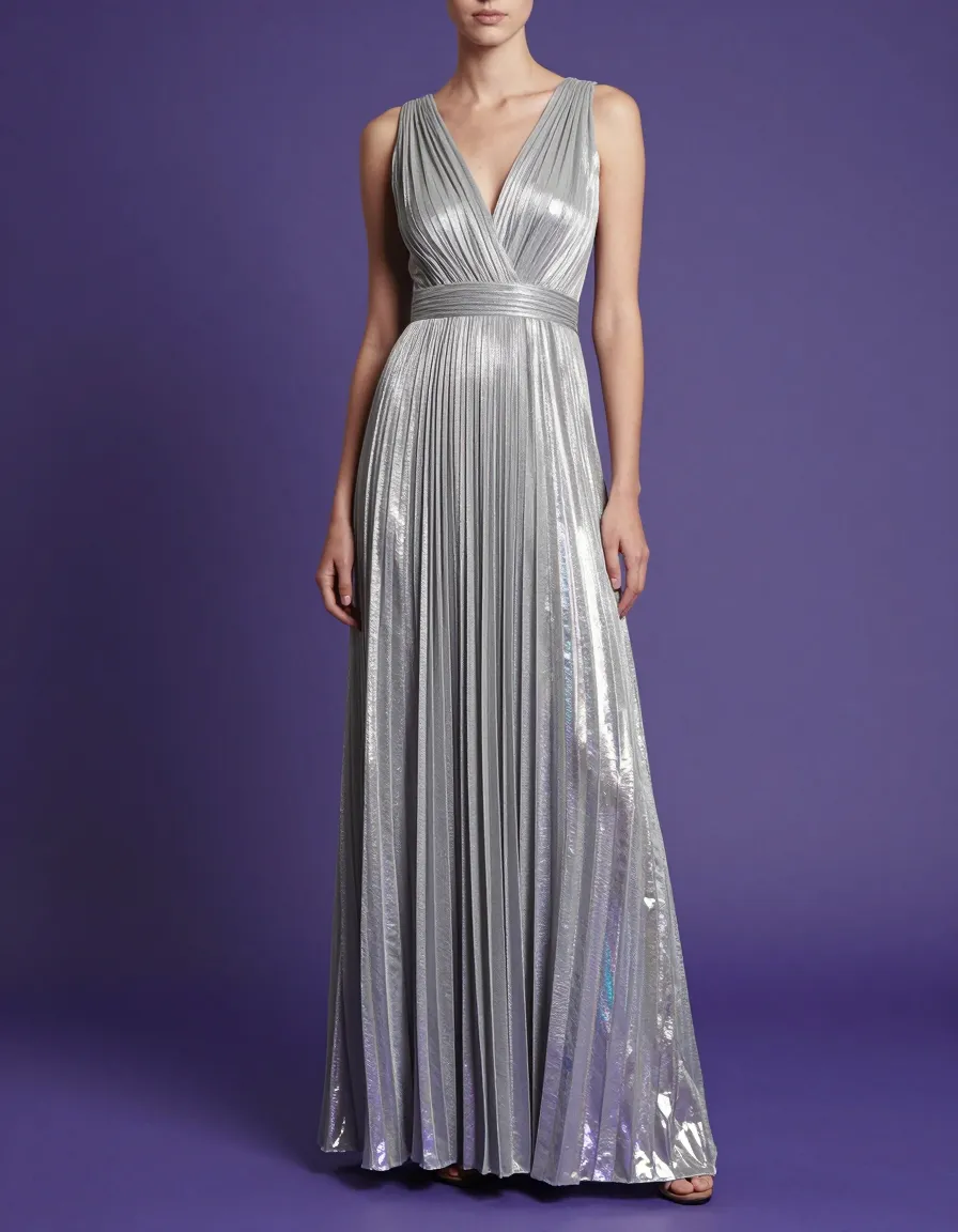 A model in an iridescent silver pleated gown.
