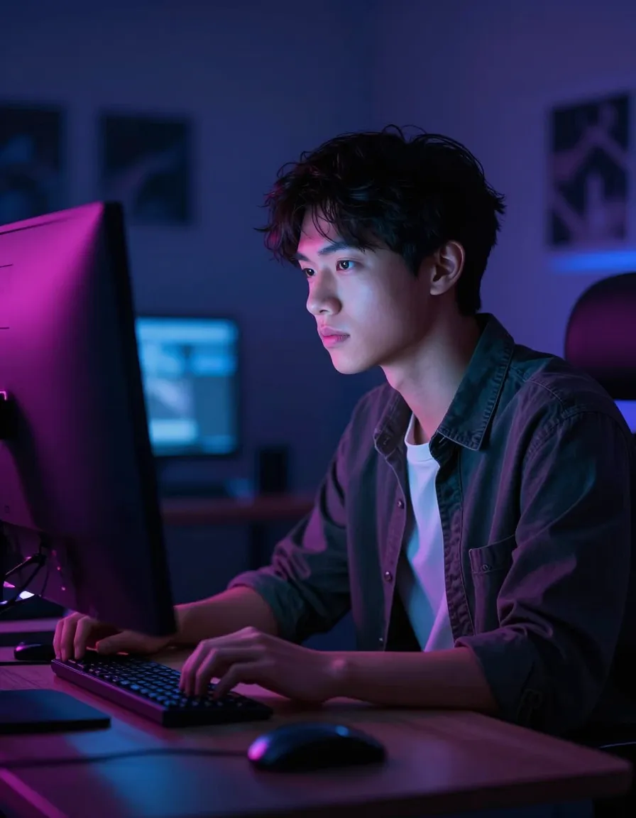A designer at night lit by the magenta and blue glow of a monitor.