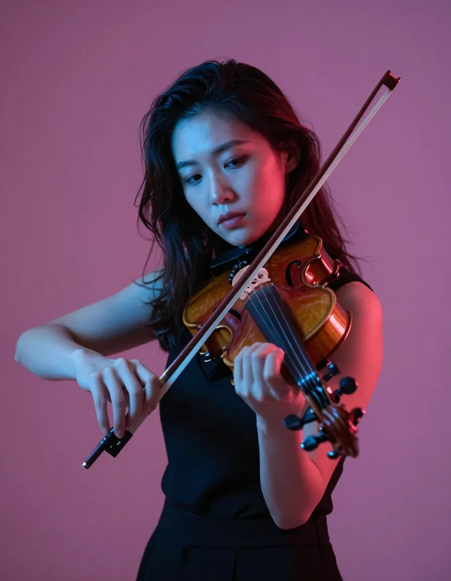 A violinist lit by cool rim light against a magenta ground.