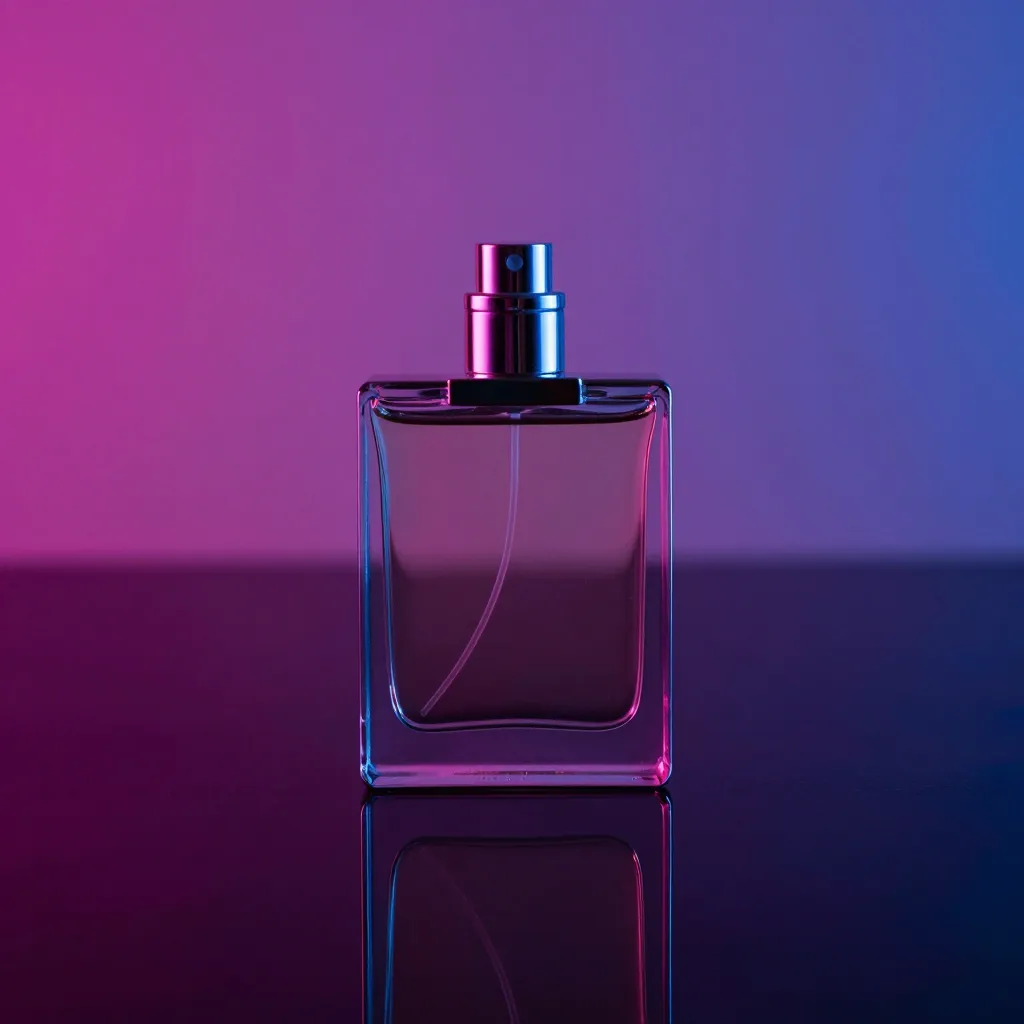 A chrome bottle on a dark reflective surface in magenta and blue light.