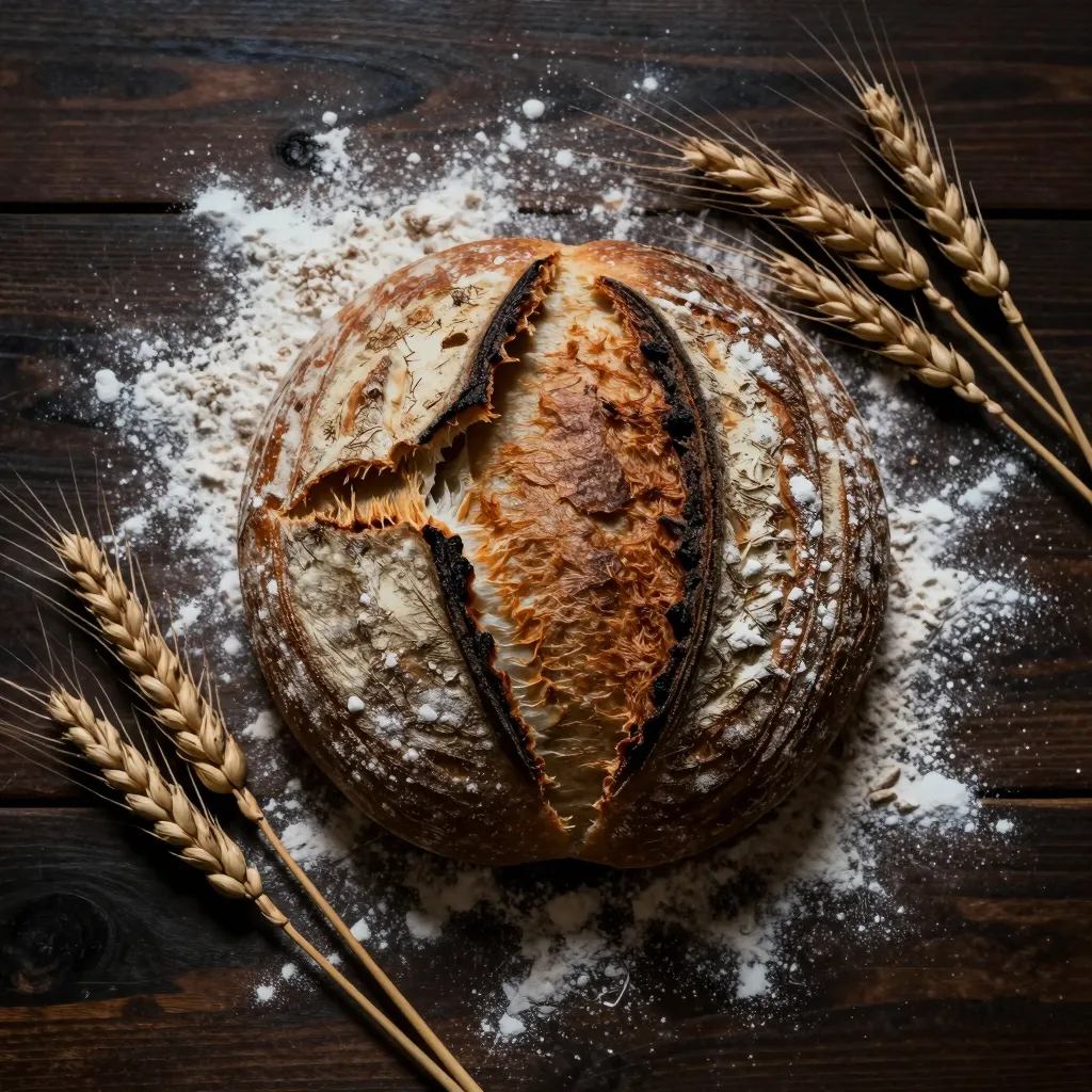 An overhead flat lay of a sourdough loaf.