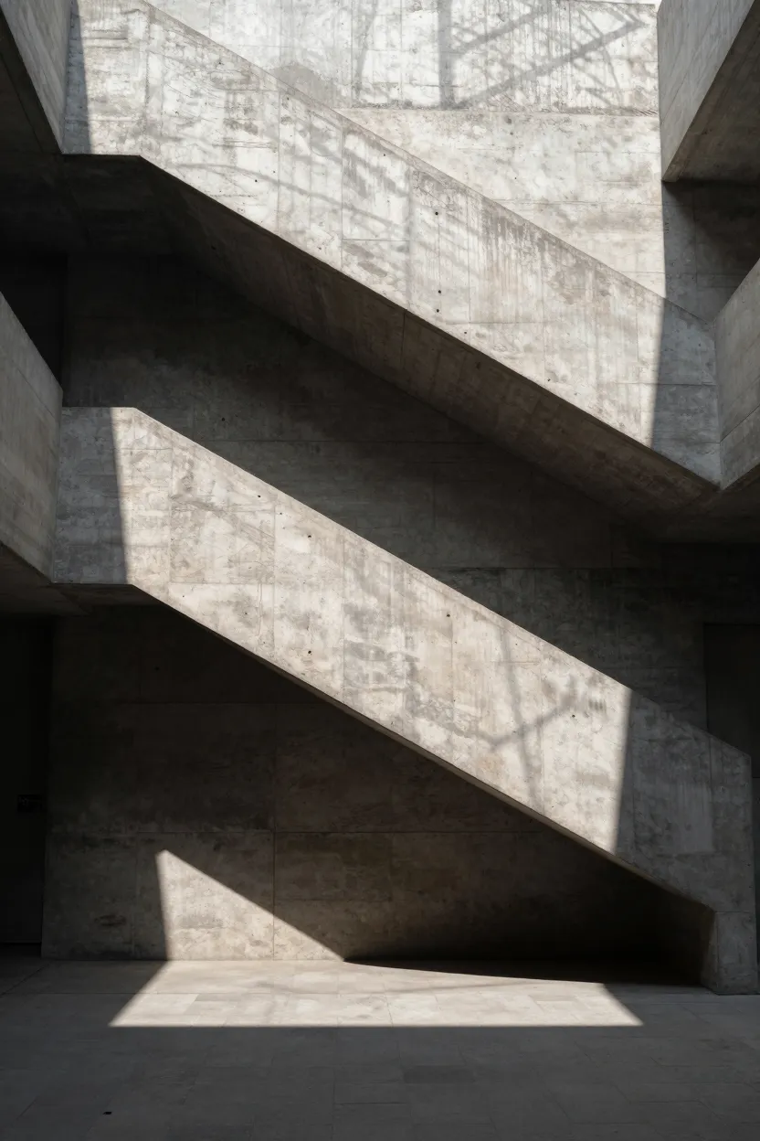 A brutalist concrete stairwell in raking light.